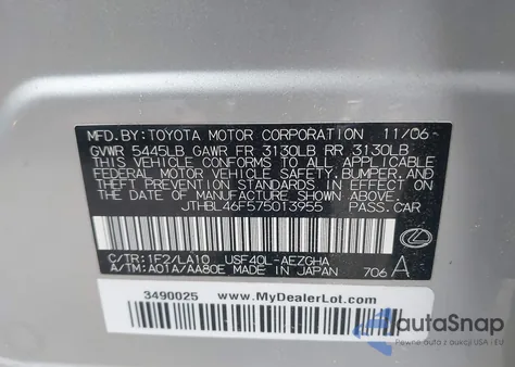 2007 Lexus Ls 460 из США, поврежденный, VIN JTHBL46F575013955